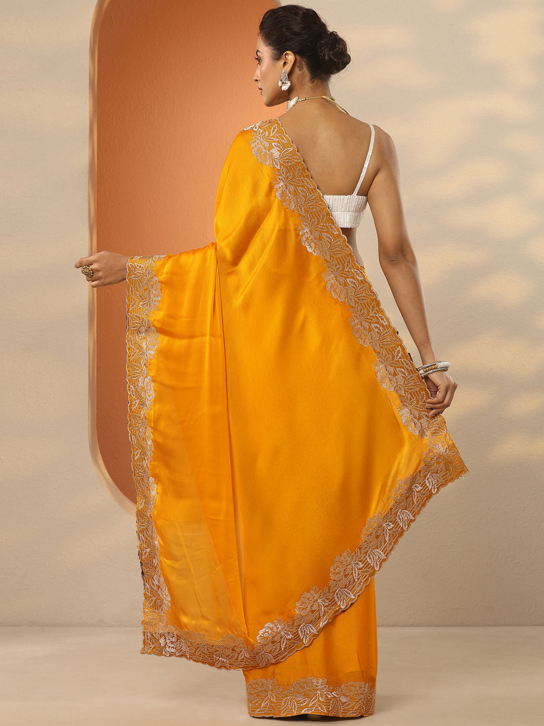 Mustard Embroidered Pure Chiffon Saree With Unstitched Blouse Piece