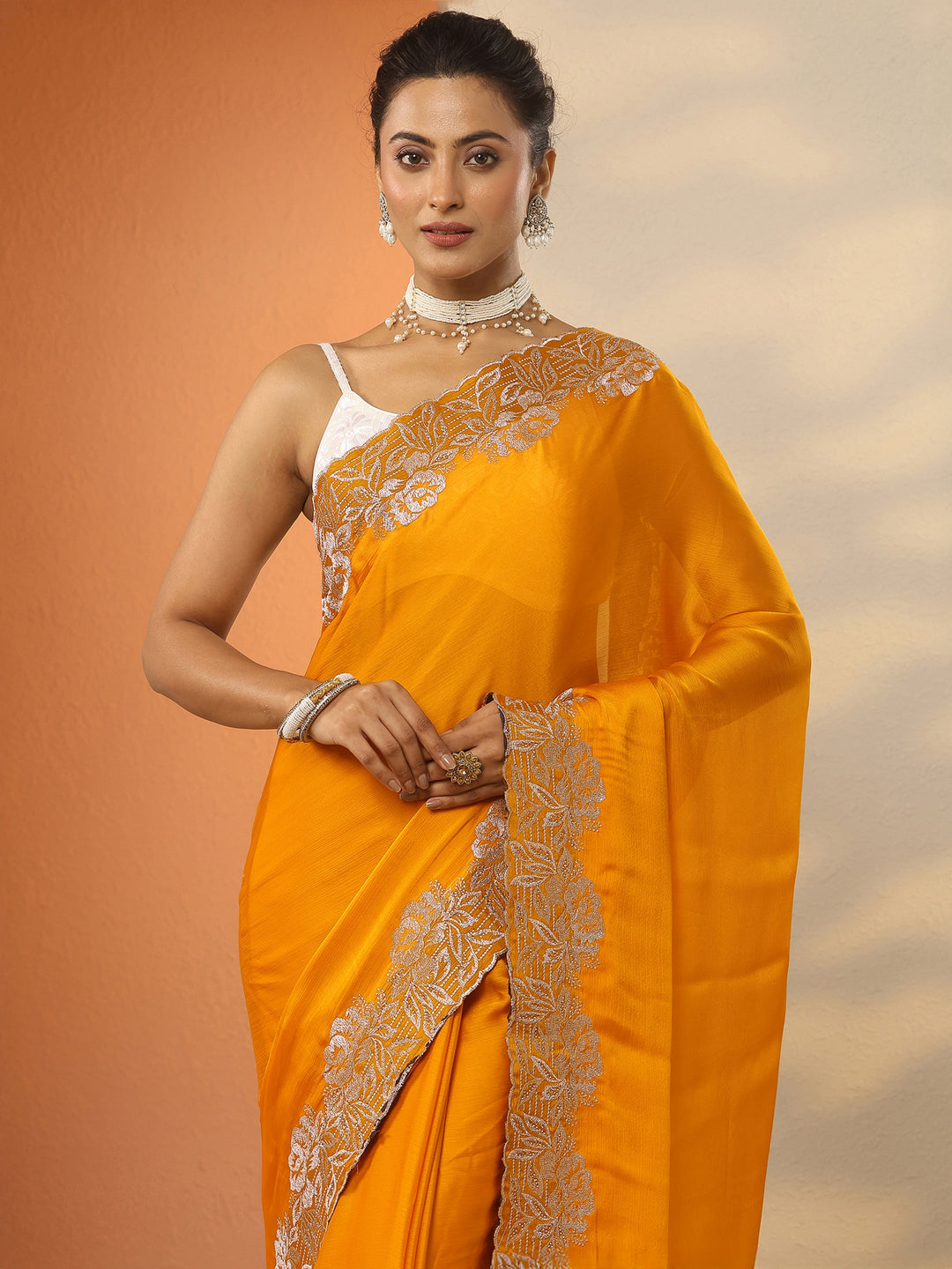 Mustard Embroidered Pure Chiffon Saree With Unstitched Blouse Piece