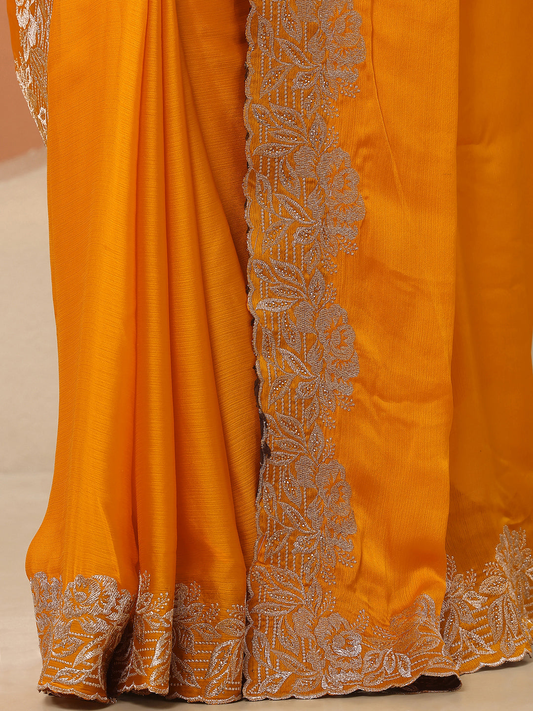 Mustard Embroidered Pure Chiffon Saree With Unstitched Blouse Piece