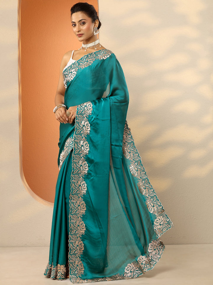 Green Embroidered Pure Chiffon Saree With Unstitched Blouse Piece