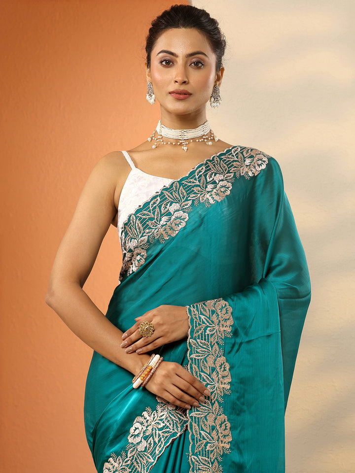 Green Embroidered Pure Chiffon Saree With Unstitched Blouse Piece