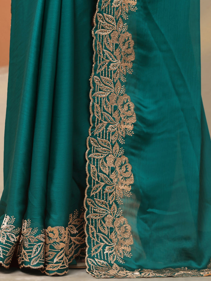 Green Embroidered Pure Chiffon Saree With Unstitched Blouse Piece