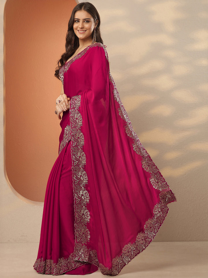 Pink Embroidered Pure Chiffon Saree With Unstitched Blouse Piece