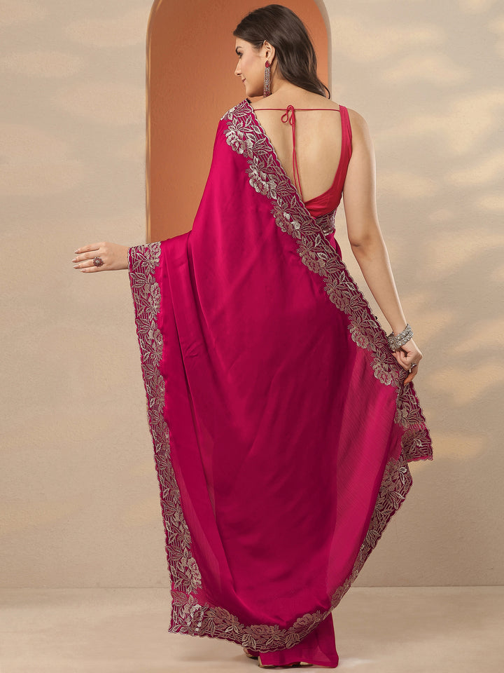 Pink Embroidered Pure Chiffon Saree With Unstitched Blouse Piece