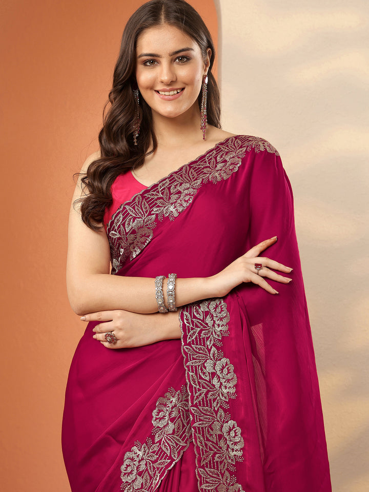 Pink Embroidered Pure Chiffon Saree With Unstitched Blouse Piece