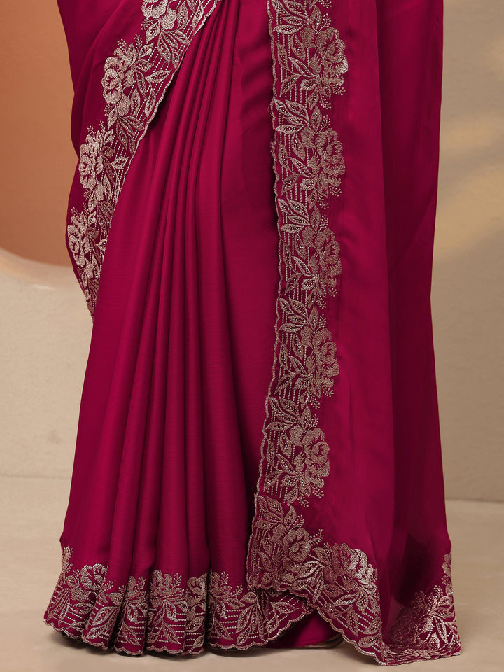 Pink Embroidered Pure Chiffon Saree With Unstitched Blouse Piece
