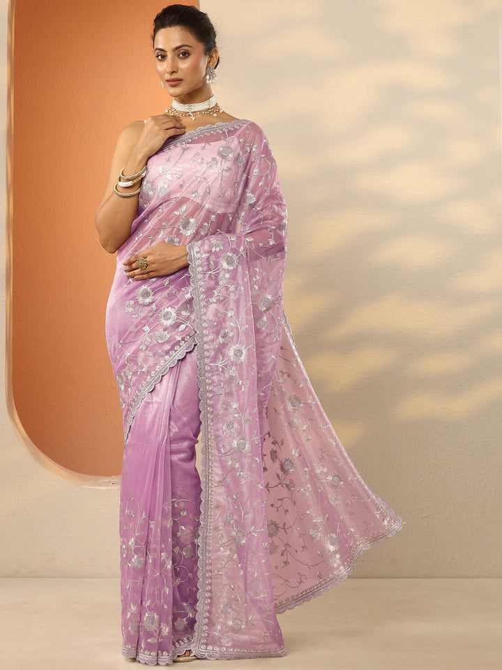Lavender Embroidered Nylon Saree With Unstitched Blouse Piece