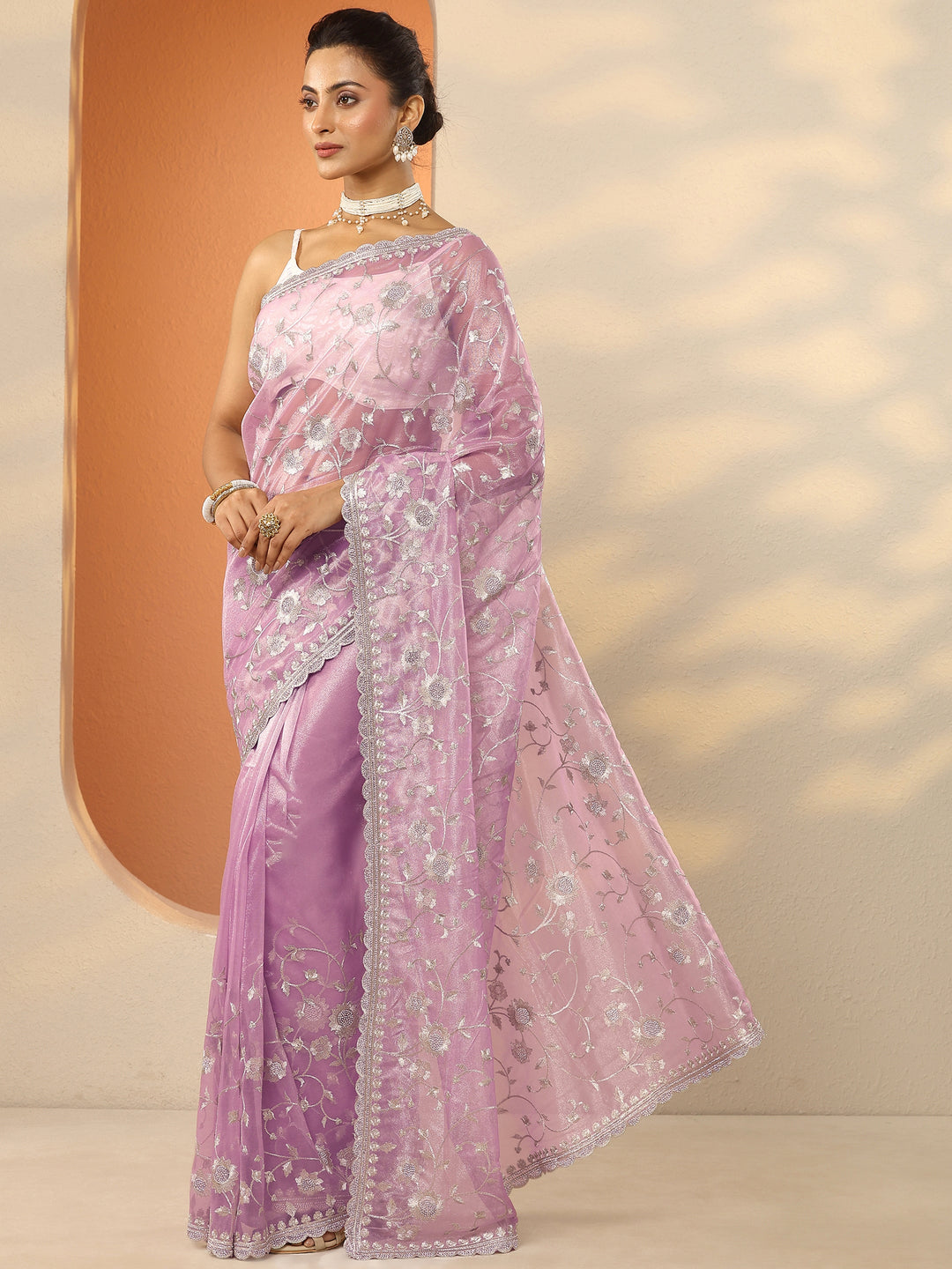Lavender Embroidered Nylon Saree With Unstitched Blouse Piece