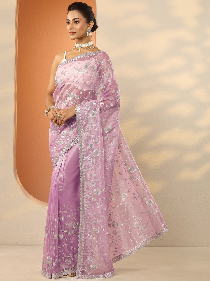 Lavender Embroidered Nylon Saree With Unstitched Blouse Piece