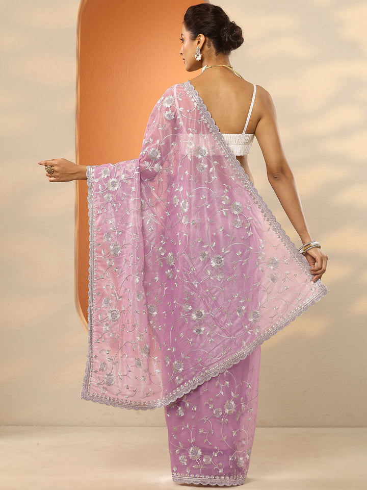 Lavender Embroidered Nylon Saree With Unstitched Blouse Piece