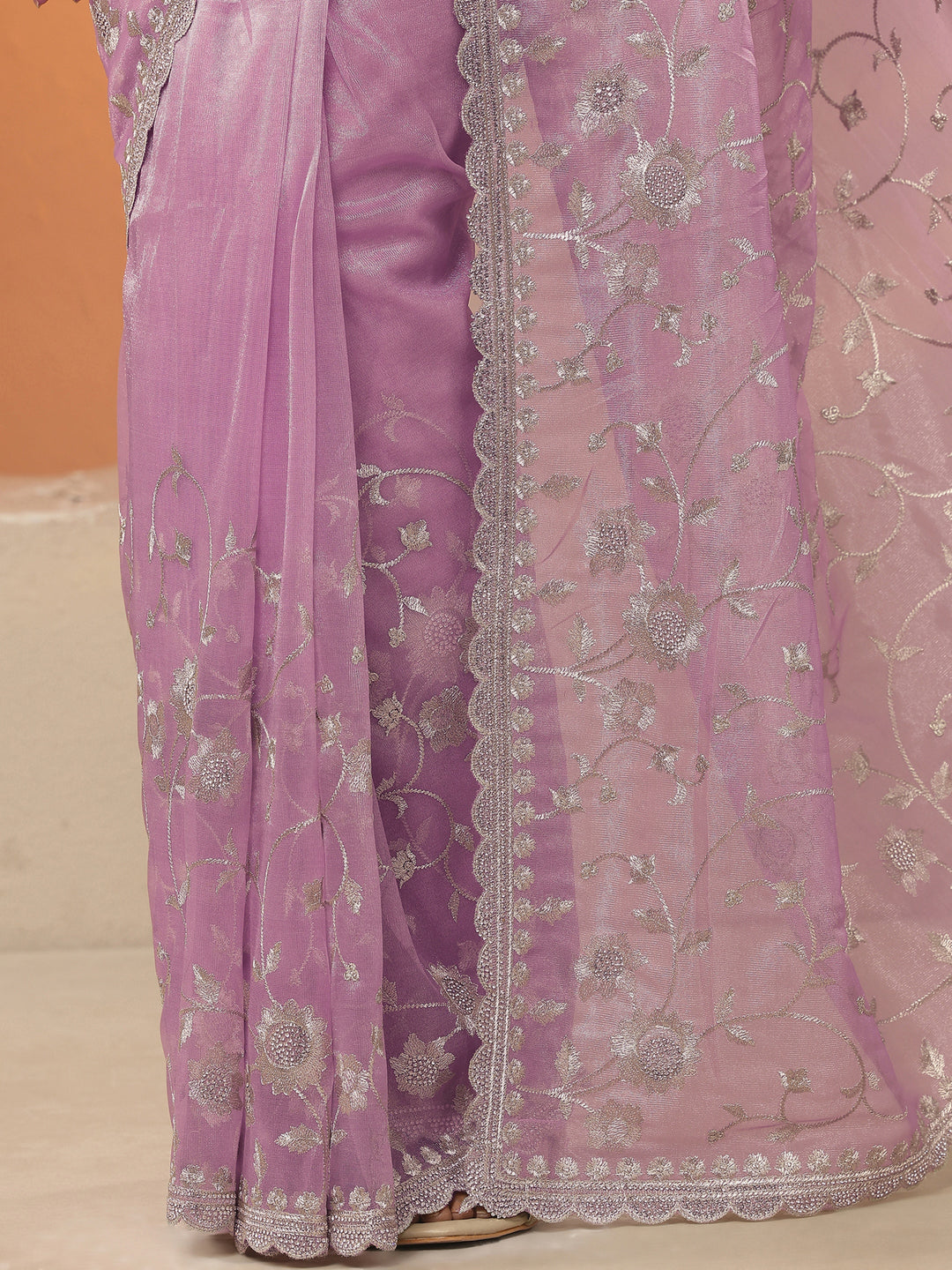 Lavender Embroidered Nylon Saree With Unstitched Blouse Piece