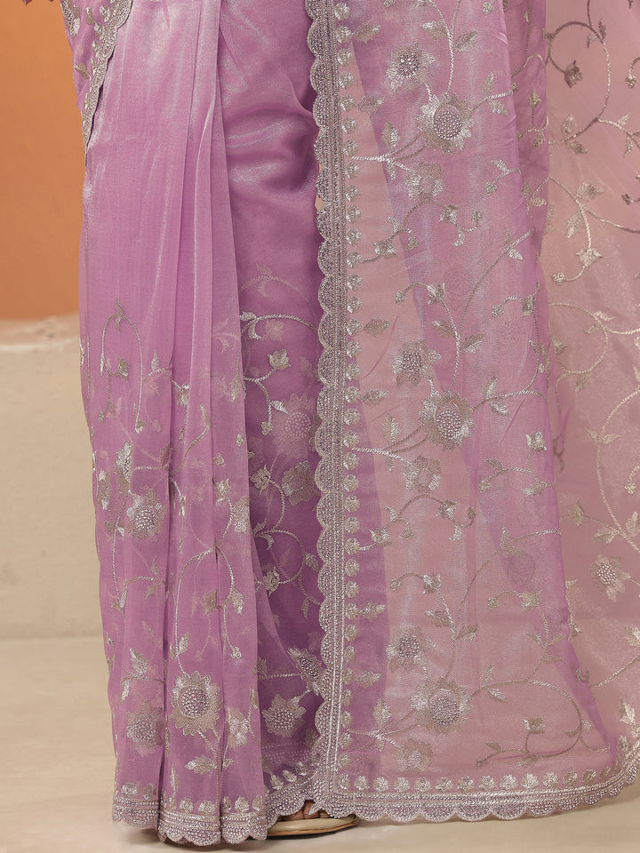 Lavender Embroidered Nylon Saree With Unstitched Blouse Piece