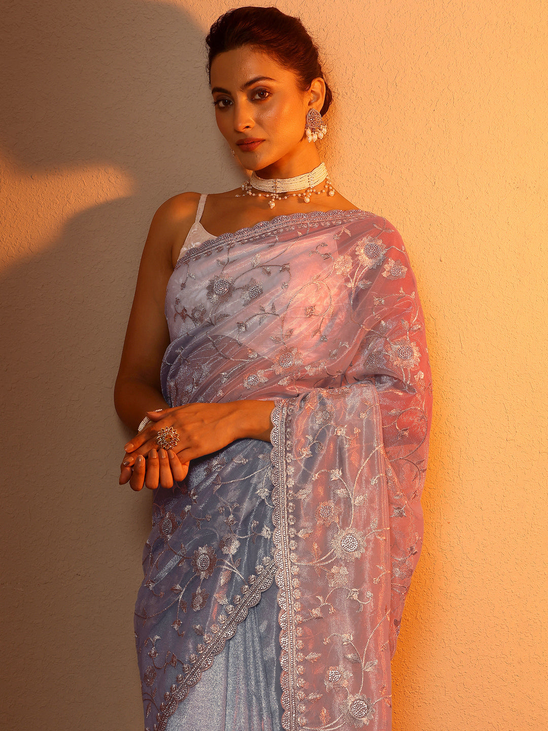 Blue Embroidered Nylon Saree With Unstitched Blouse Piece