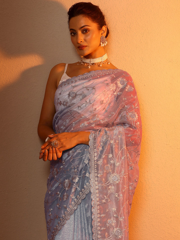 Blue Embroidered Nylon Saree With Unstitched Blouse Piece