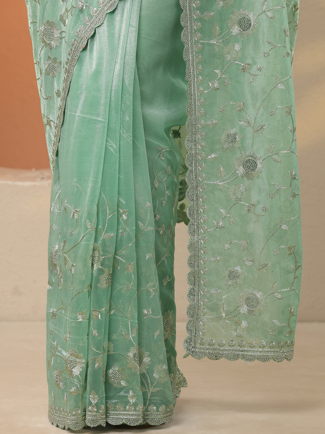 Green Embroidered Nylon Saree With Unstitched Blouse Piece