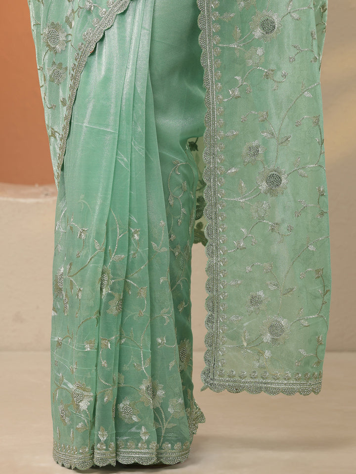 Green Embroidered Nylon Saree With Unstitched Blouse Piece