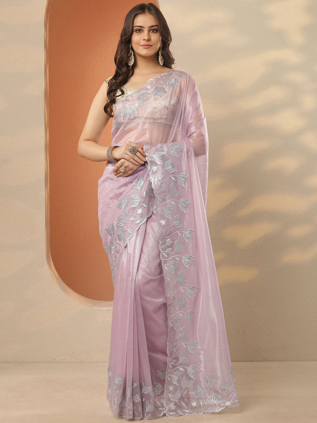 Lavender Embellished Nylon Saree With Unstitched Blouse Piece