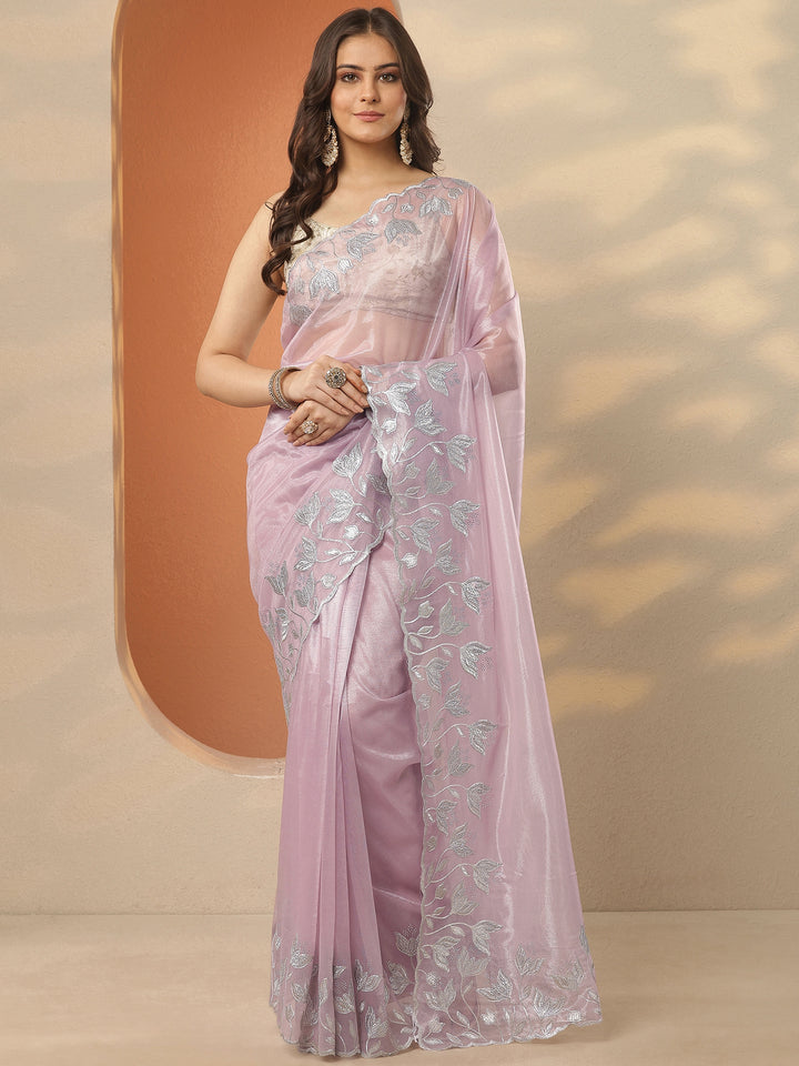 Lavender Embellished Nylon Saree With Unstitched Blouse Piece