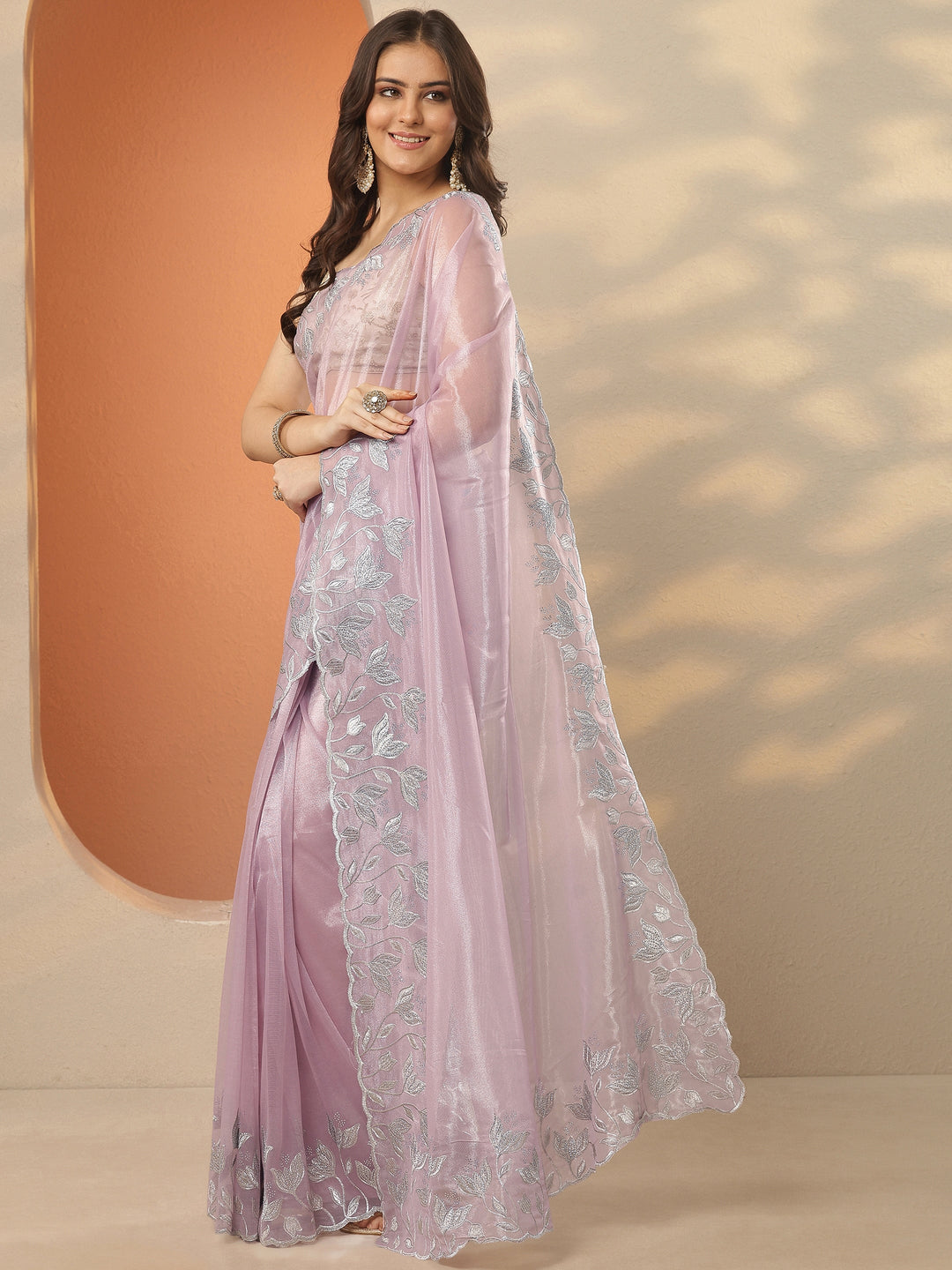 Lavender Embellished Nylon Saree With Unstitched Blouse Piece