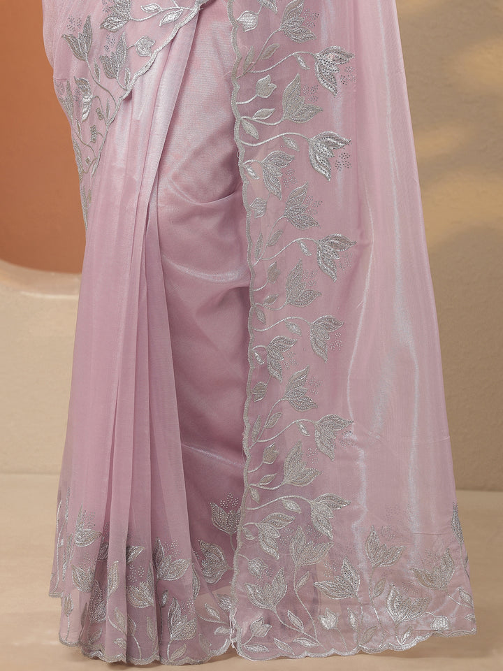 Lavender Embellished Nylon Saree With Unstitched Blouse Piece