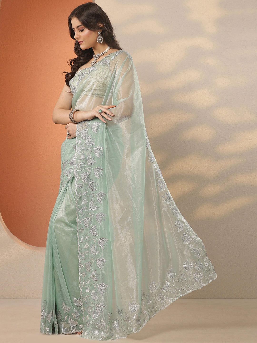 Green Embellished Nylon Saree With Unstitched Blouse Piece