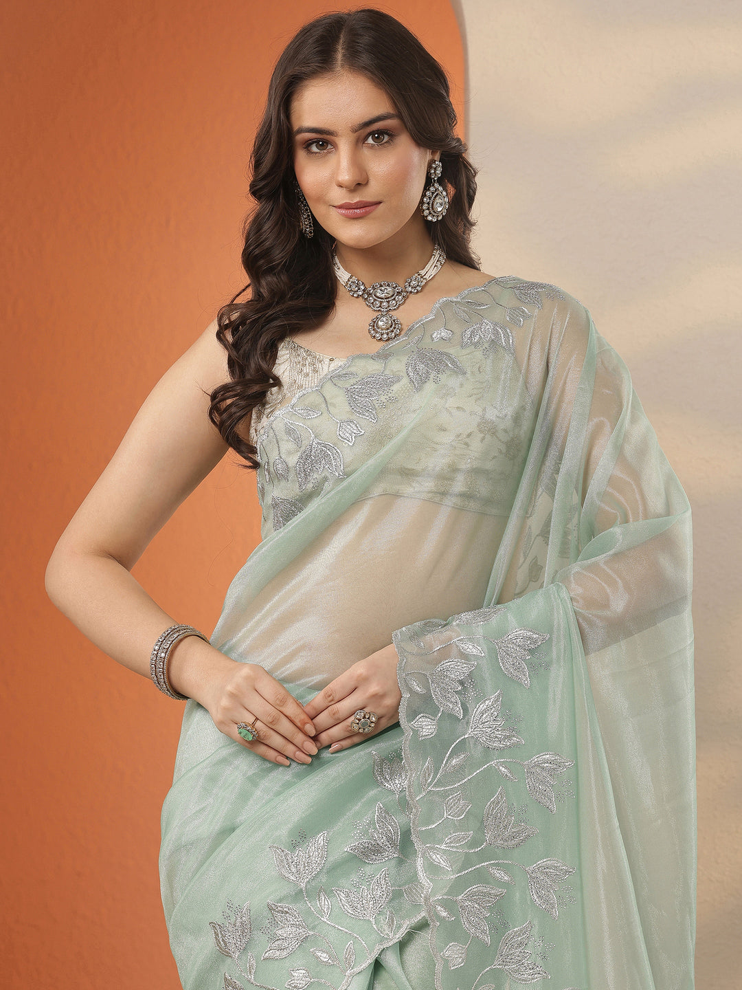Green Embellished Nylon Saree With Unstitched Blouse Piece