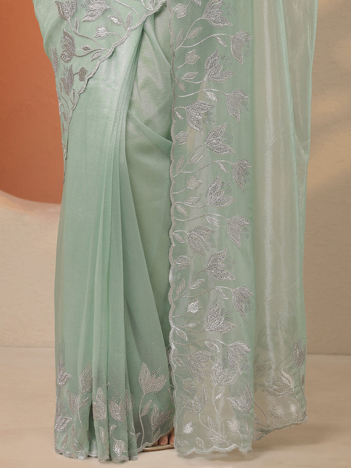Green Embellished Nylon Saree With Unstitched Blouse Piece