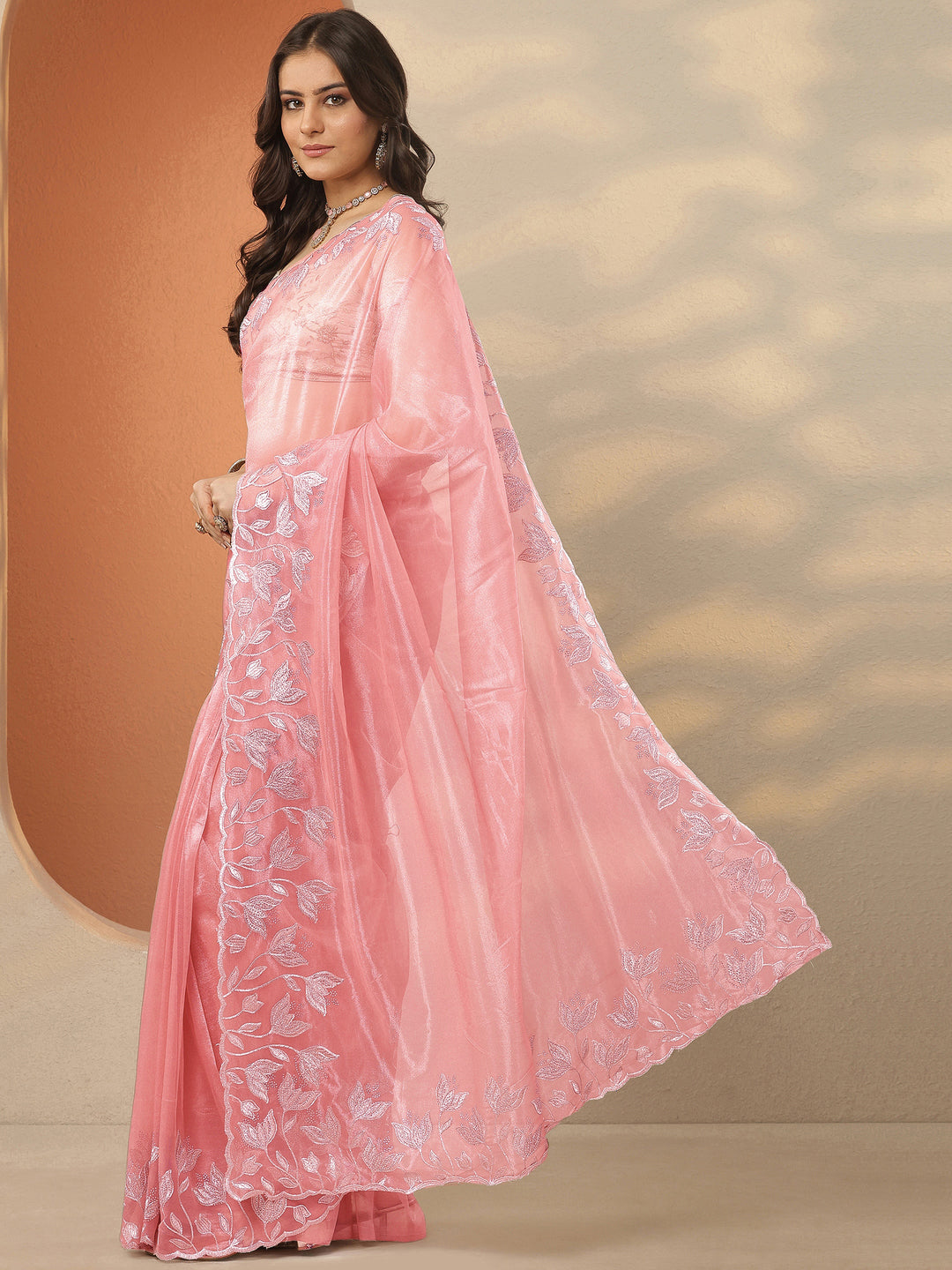 Pink Embellished Nylon Saree With Unstitched Blouse Piece