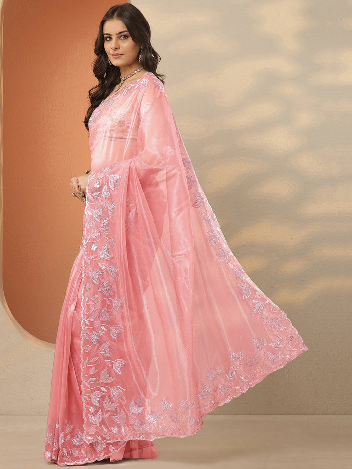 Pink Embellished Nylon Saree With Unstitched Blouse Piece