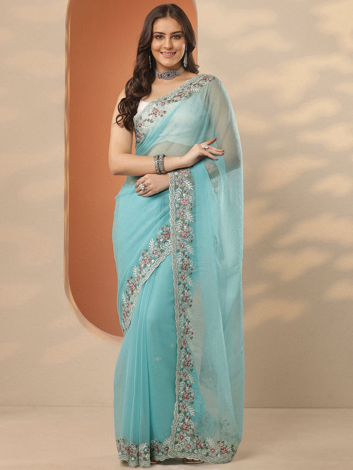 Blue Embroidered Pure Chiffon Saree With Unstitched Blouse Piece