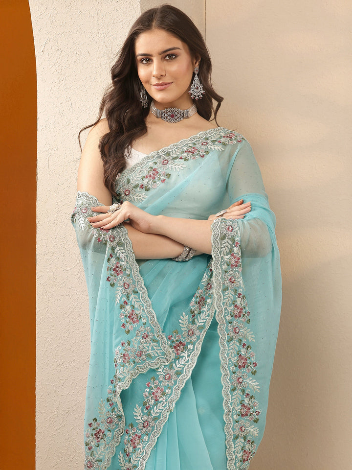 Blue Embroidered Pure Chiffon Saree With Unstitched Blouse Piece
