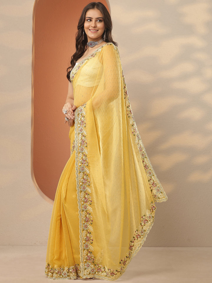 Yellow Embroidered Pure Chiffon Saree With Unstitched Blouse Piece
