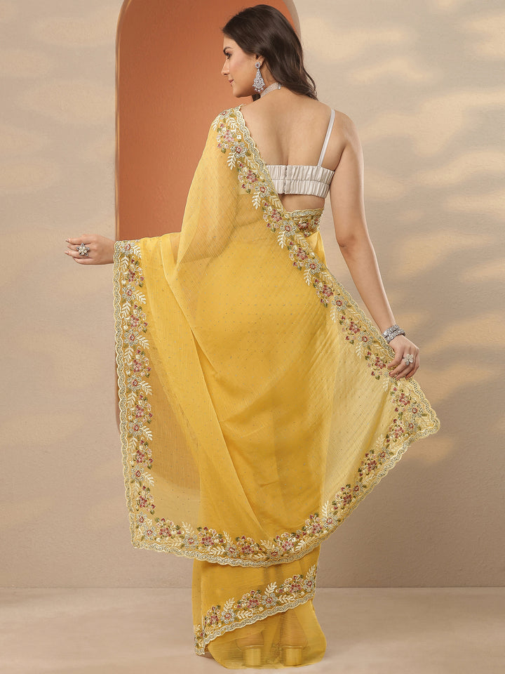 Yellow Embroidered Pure Chiffon Saree With Unstitched Blouse Piece