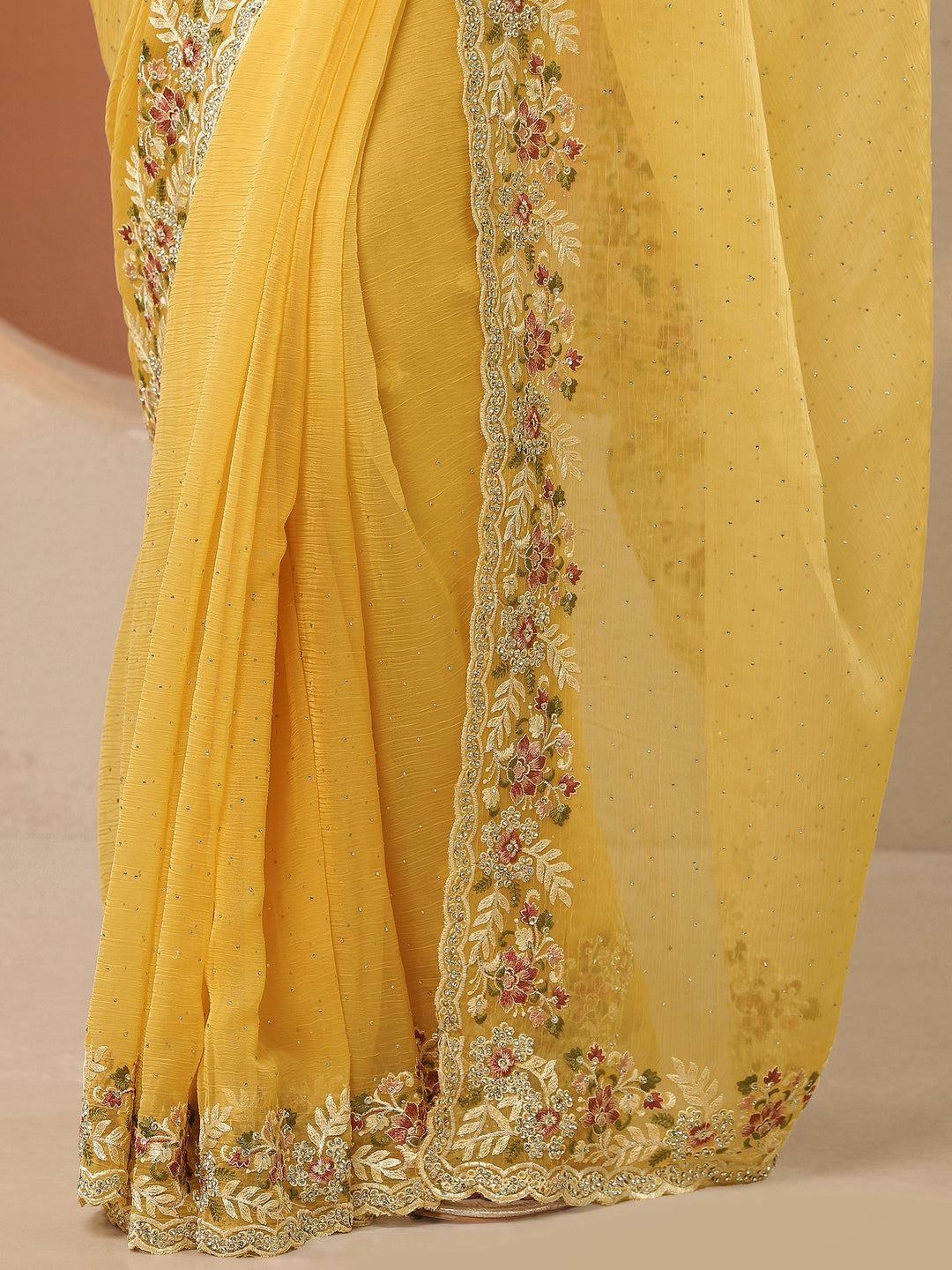 Yellow Embroidered Pure Chiffon Saree With Unstitched Blouse Piece