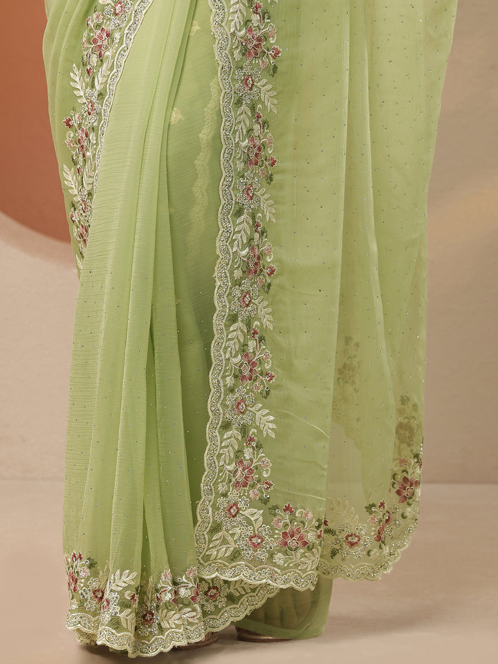 Green Embroidered Pure Chiffon Saree With Unstitched Blouse Piece
