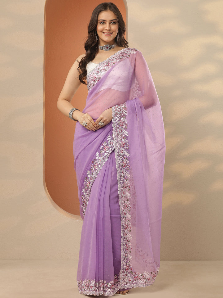 Lavender Embroidered Pure Chiffon Saree With Unstitched Blouse Piece