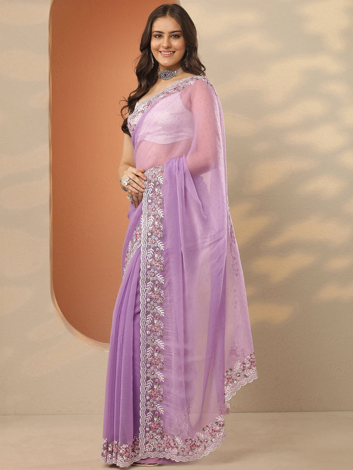 Lavender Embroidered Pure Chiffon Saree With Unstitched Blouse Piece