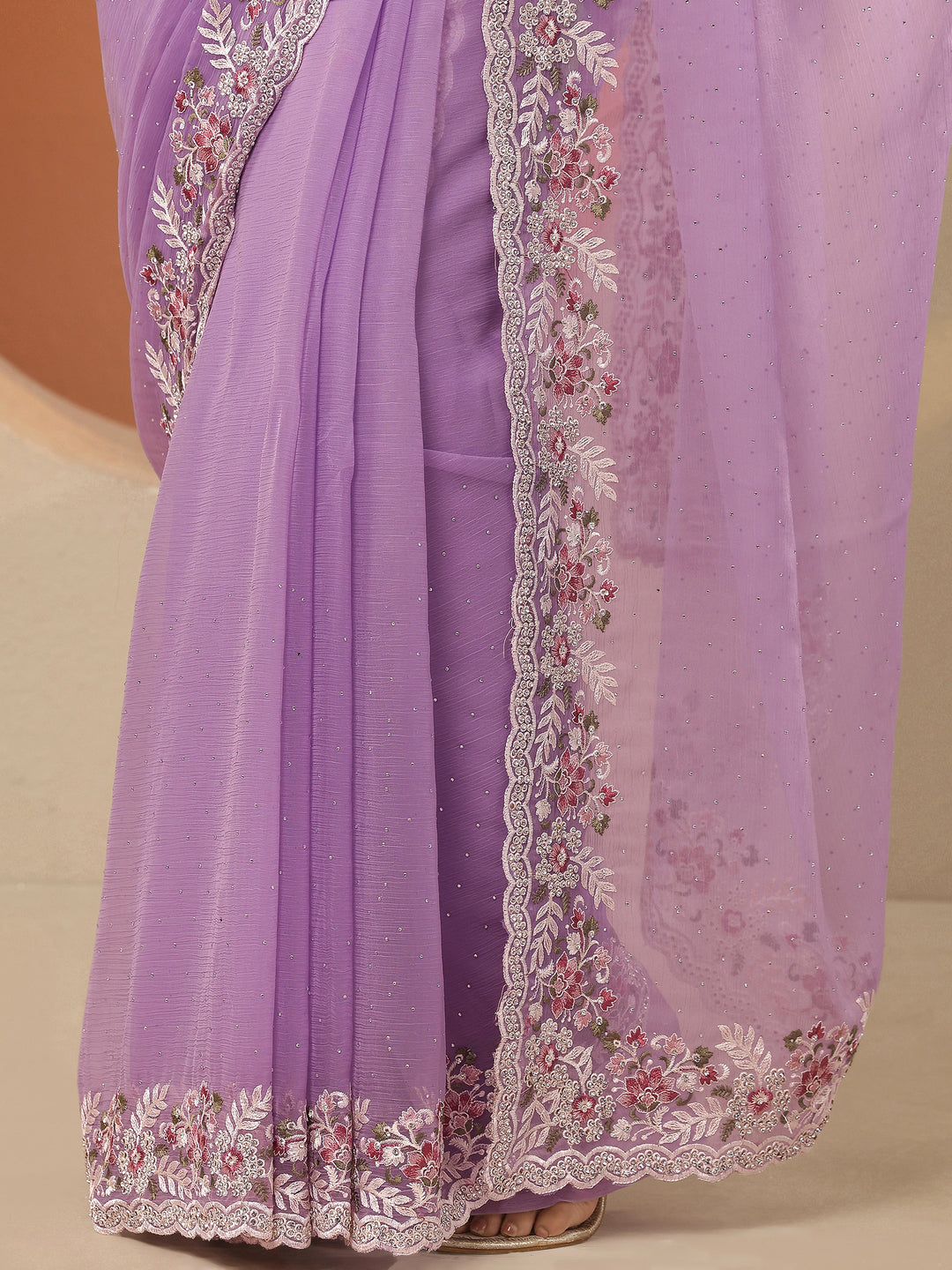 Lavender Embroidered Pure Chiffon Saree With Unstitched Blouse Piece