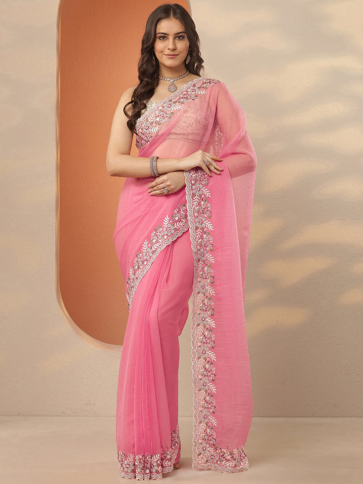 Coral Embroidered Pure Chiffon Saree With Unstitched Blouse Piece