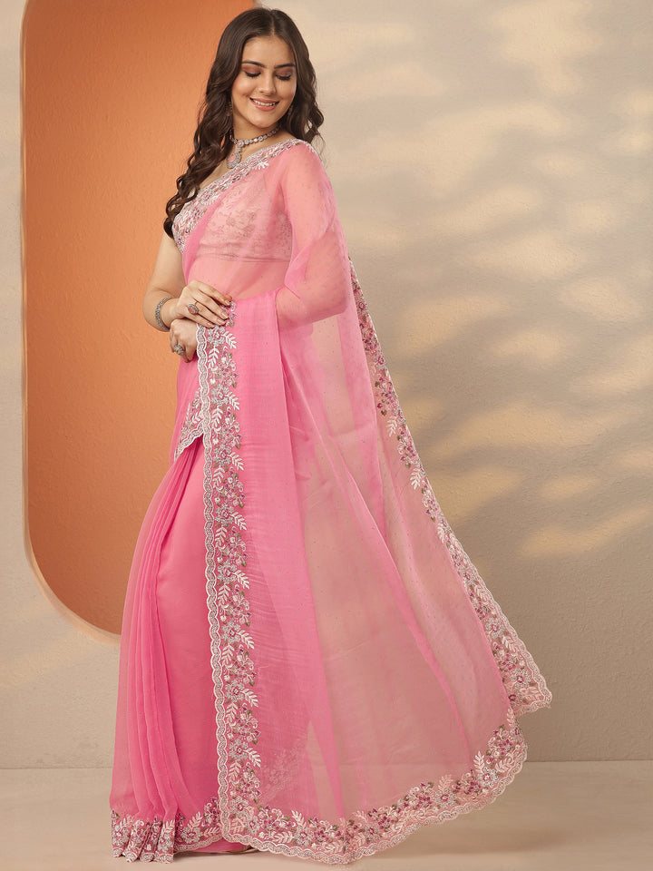 Coral Embroidered Pure Chiffon Saree With Unstitched Blouse Piece