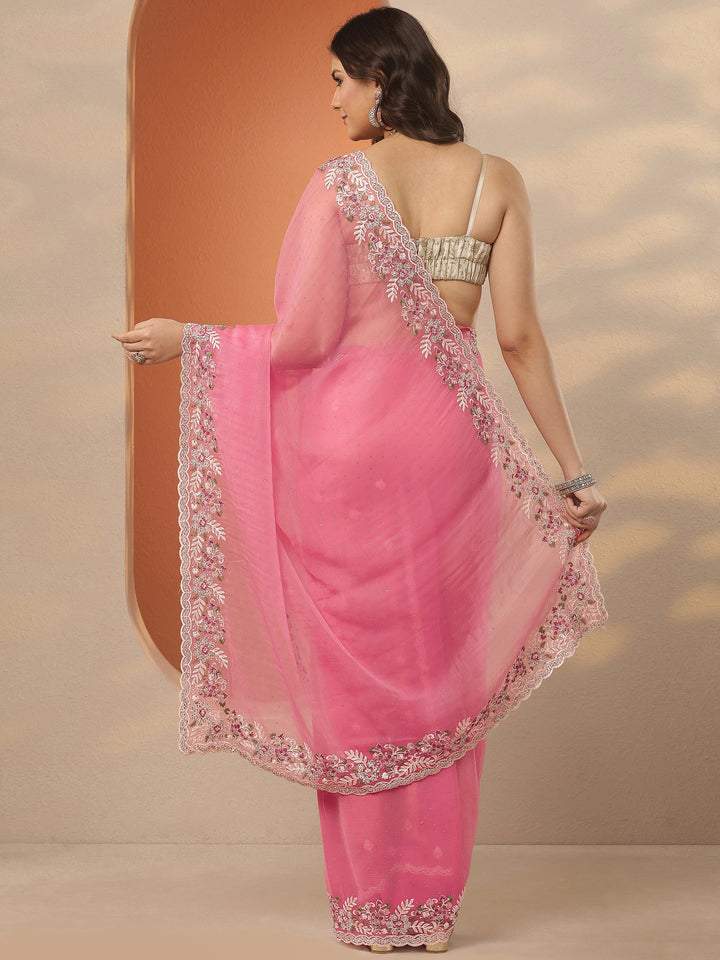Coral Embroidered Pure Chiffon Saree With Unstitched Blouse Piece