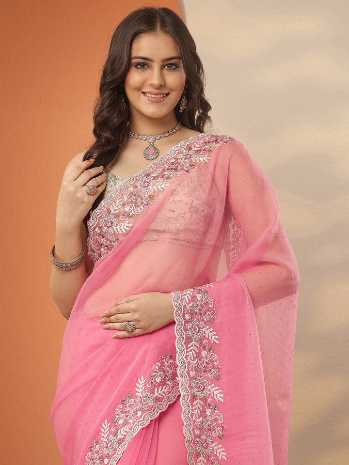 Coral Embroidered Pure Chiffon Saree With Unstitched Blouse Piece