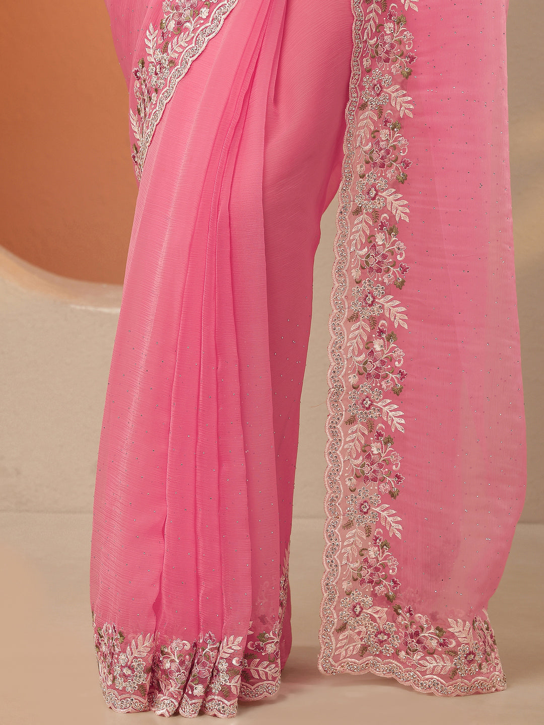 Coral Embroidered Pure Chiffon Saree With Unstitched Blouse Piece