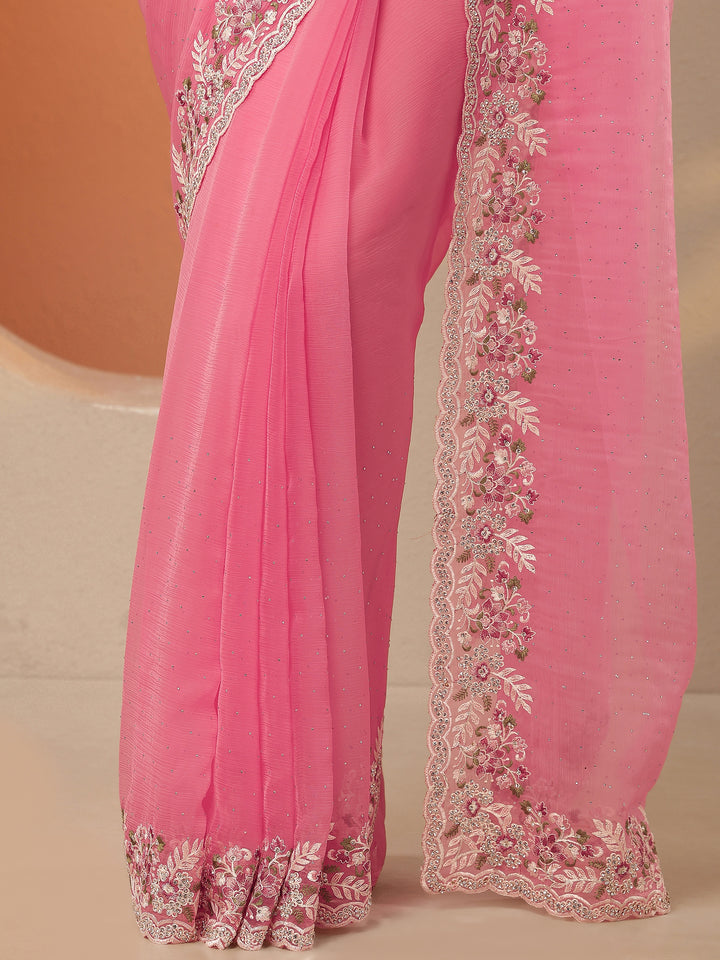 Coral Embroidered Pure Chiffon Saree With Unstitched Blouse Piece