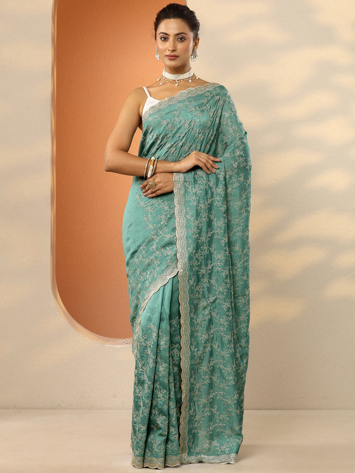 Green Embroidered Silk Blend Saree With Unstitched Blouse Piece