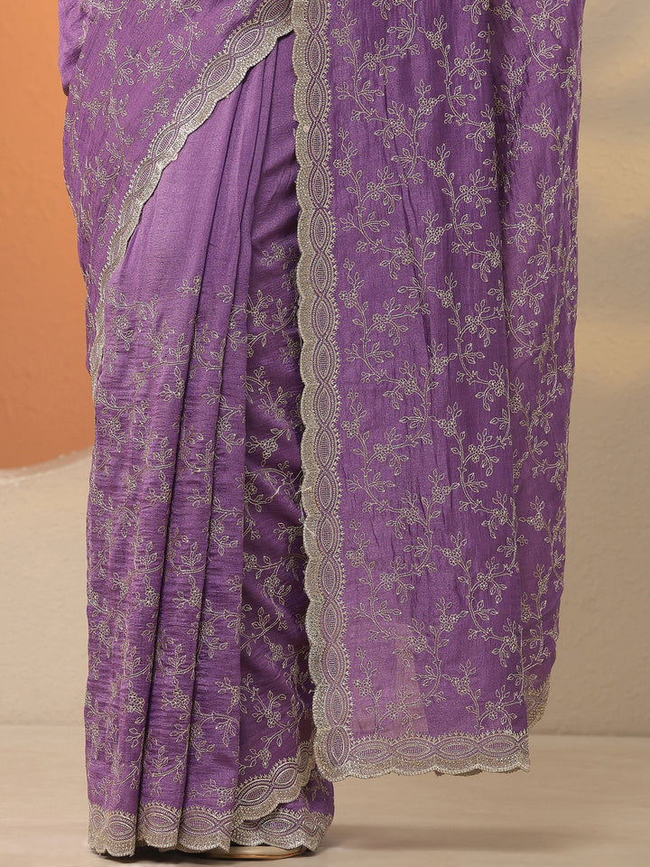 Purple Embroidered Silk Blend Saree With Unstitched Blouse Piece