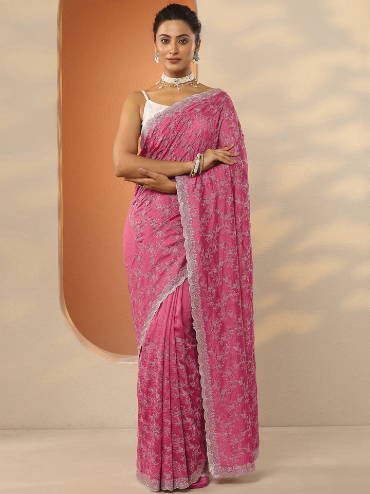 Coral Embroidered Silk Blend Saree With Unstitched Blouse Piece