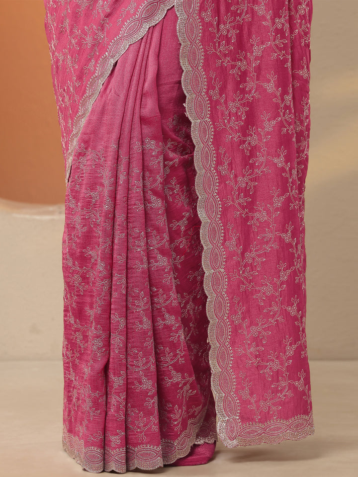 Coral Embroidered Silk Blend Saree With Unstitched Blouse Piece