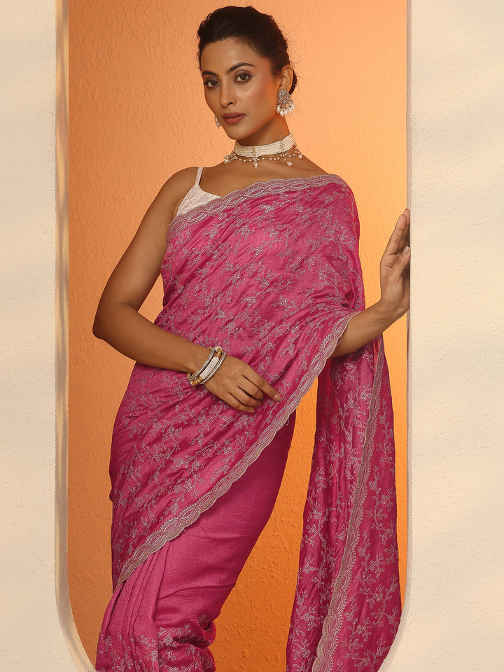 Coral Embroidered Silk Blend Saree With Unstitched Blouse Piece