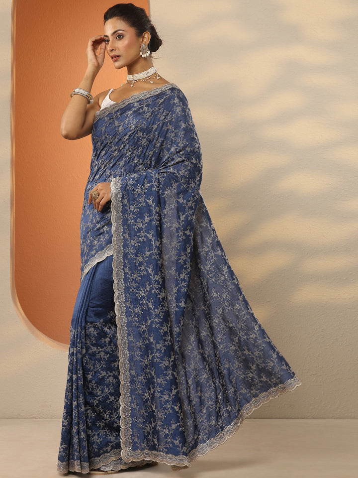 Navy Blue Embroidered Silk Blend Saree With Unstitched Blouse Piece